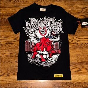 Men's Black Tee with Skeleton and Red Bull Graphic Design T-Shirt